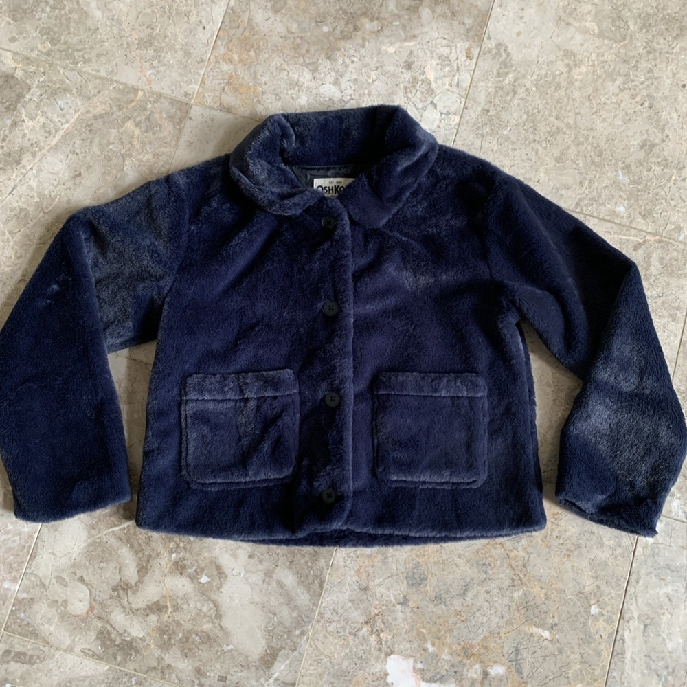 Oshkosh‎ B'gosh Navy Blue Faux Fur Jacket Sz 8/8A Patch Pocket